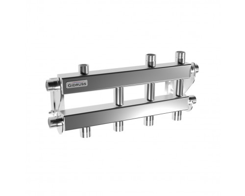 Модульный коллектор из нерж. стали MKSS-40-4DU (до 40 кВт, магистраль G ¾″, 4 контура G ¾″ из них  2 вниз, 1 вверх и 1 в сторону)