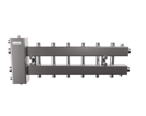 Гидрострелка с коллектором на 7 контуров BMSS-150-7DU (нерж., до 150 кВт, подкл. котла G 1½″, 3+3 контура G 1″, боковой контур G 1½″)